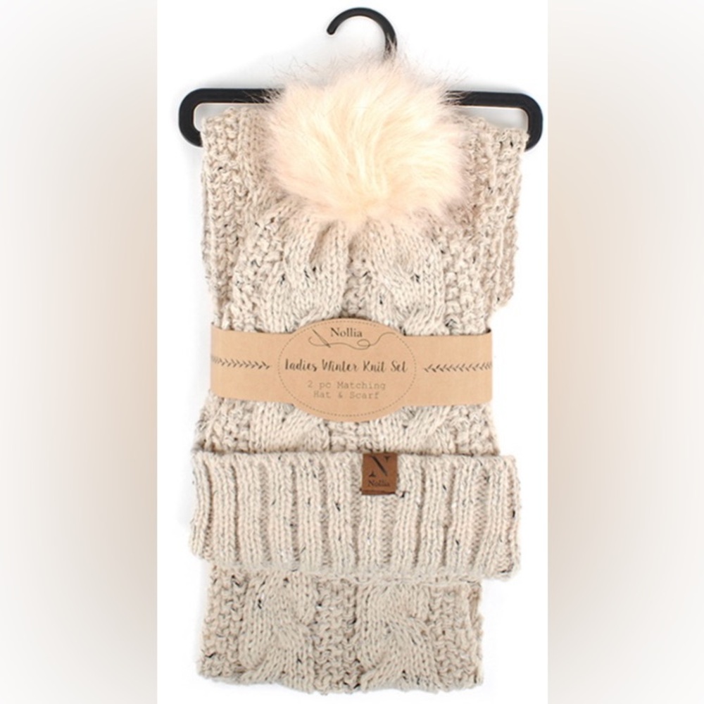 Hat and Scarf Set Knit Tweed Faux Fur Pom Pom NEW
